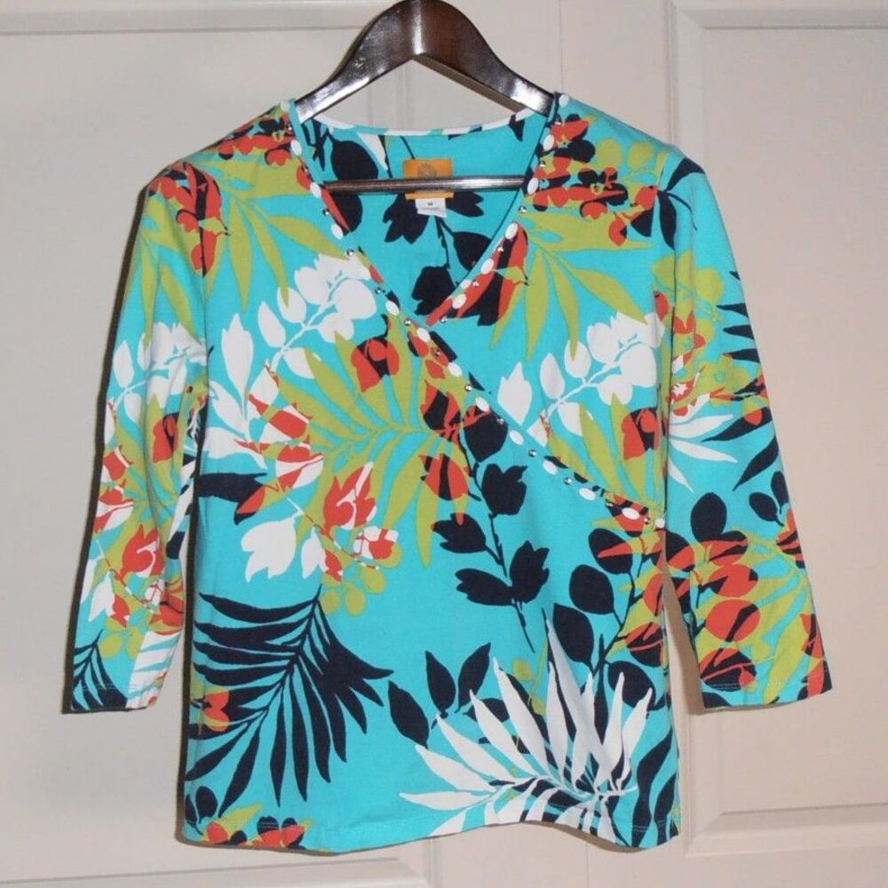 🟢 Ruby Rd Tropical Floral Print Embellished Tunic Top Sz M